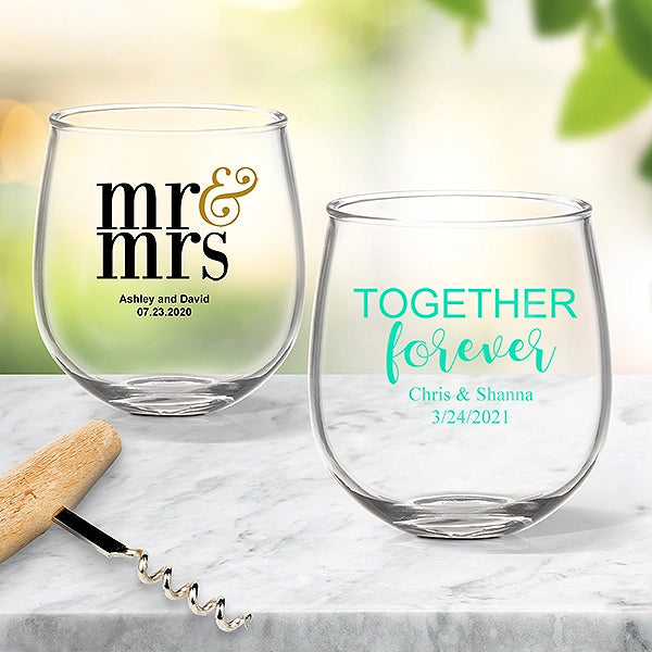 Personalised Wedding Coloured Stemless Wine Glasses