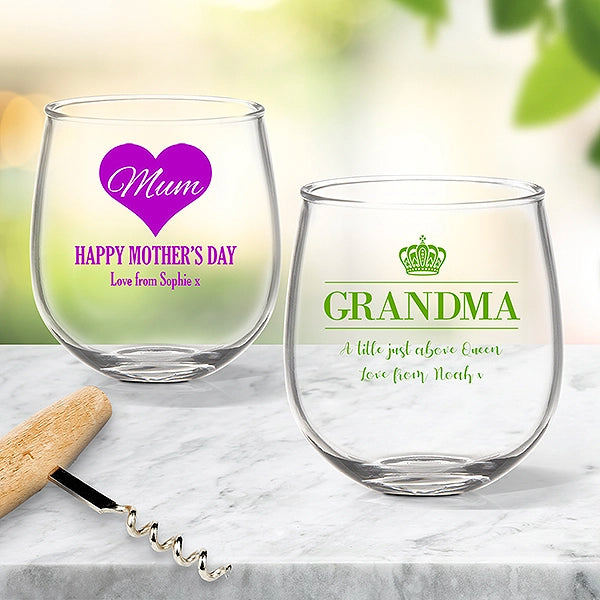 Personalised Colour Printed Stemless Wine Glasses for Mum
