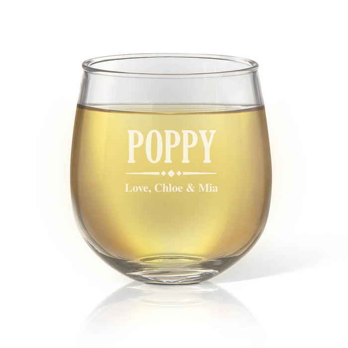 Poppy Engraved Stemless Wine Glass