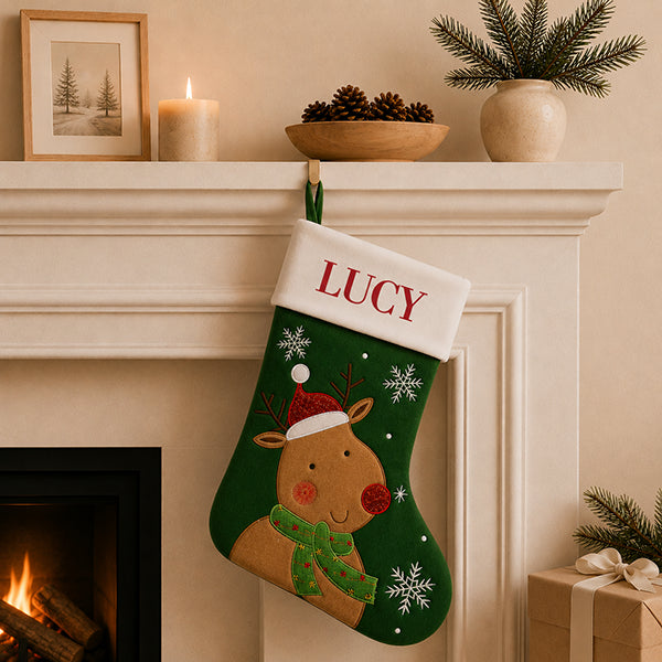 Cute Reindeer Green Santa Stocking