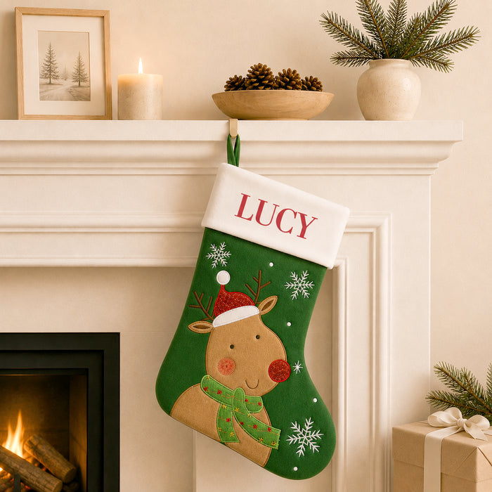 Cute Reindeer Green Santa Stocking