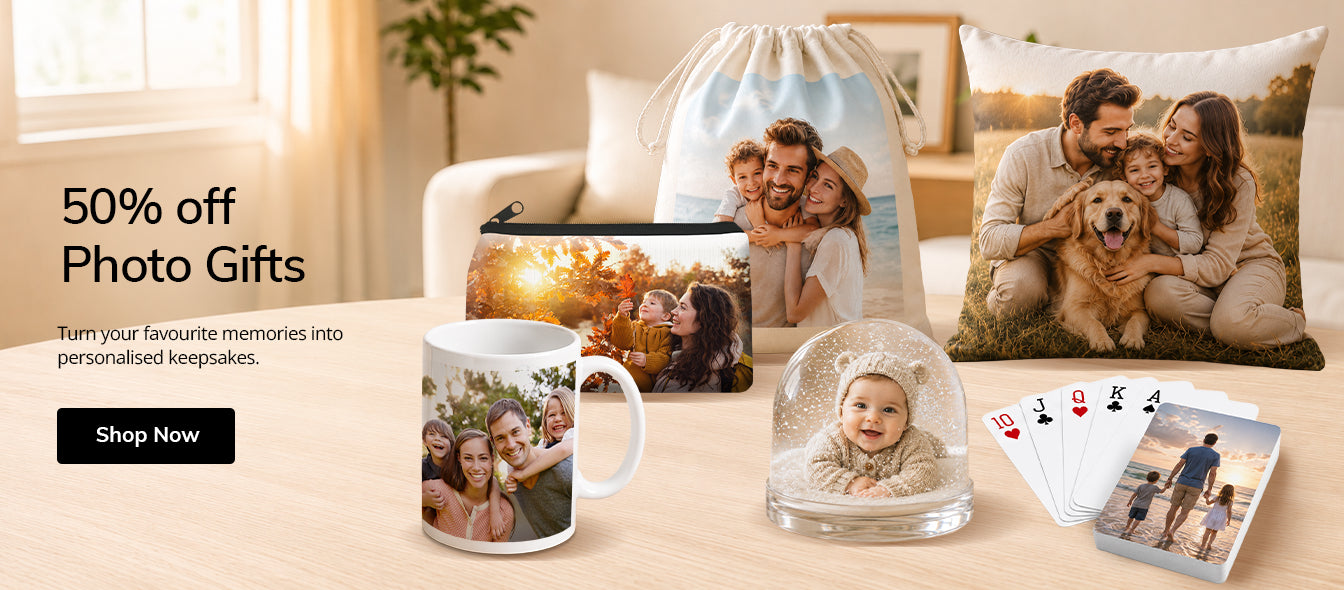 Shop 50% off personalised photo gifts with custom mugs, cushions, bags, pencil cases, snow globes and playing cards, perfect for turning your favourite memories into personalised keepsakes.