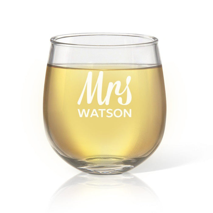 Mrs Engraved Stemless Wine Glass