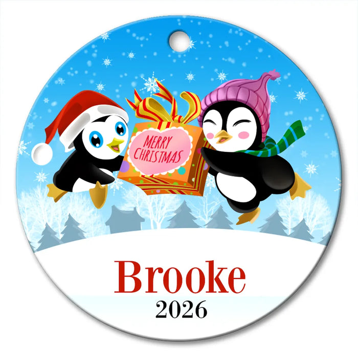 Two Penguins Round Porcelain Ornament