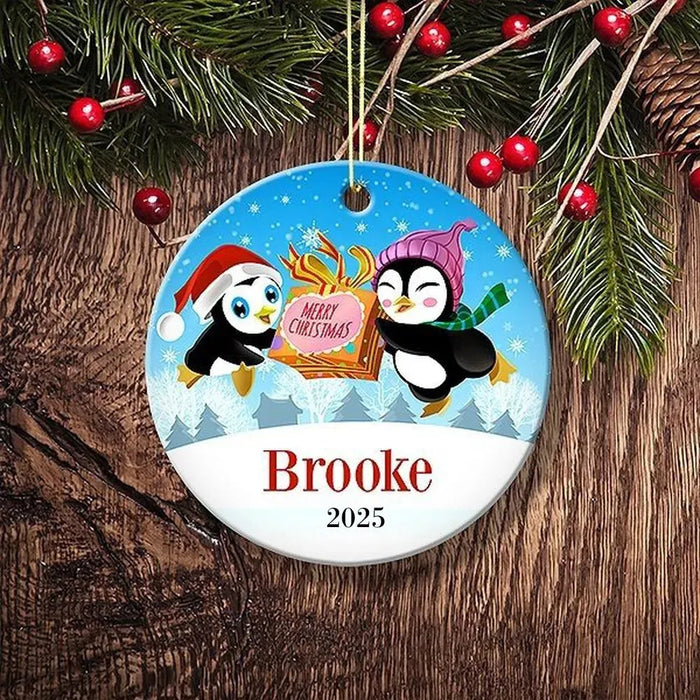 Two Penguins Round Porcelain Ornament