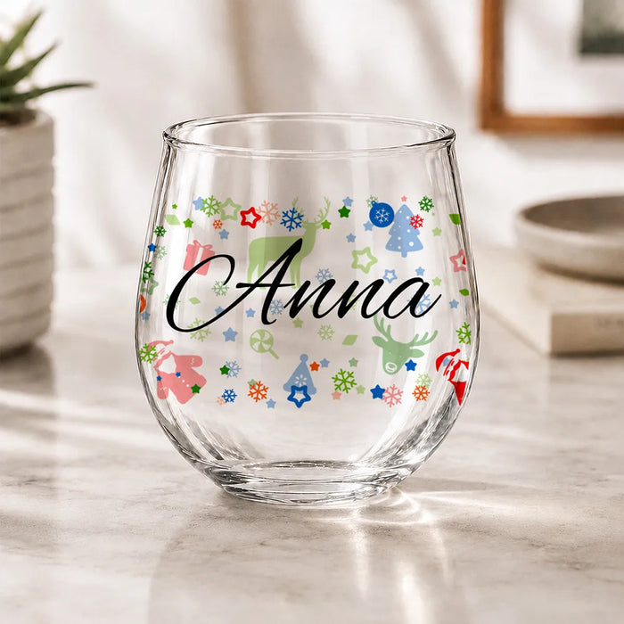 Christmas Pattern Coloured Stemless Wine Glass