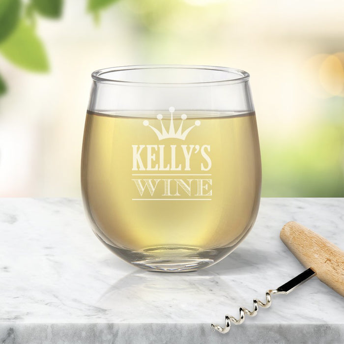 Crown Engraved Stemless Wine Glass