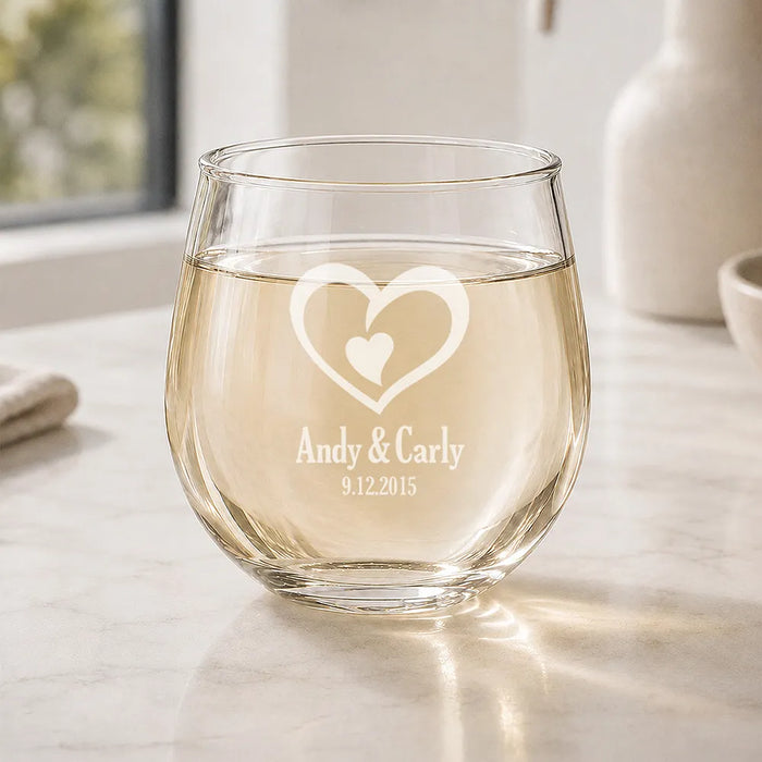Double Heart Engraved Stemless Wine Glass