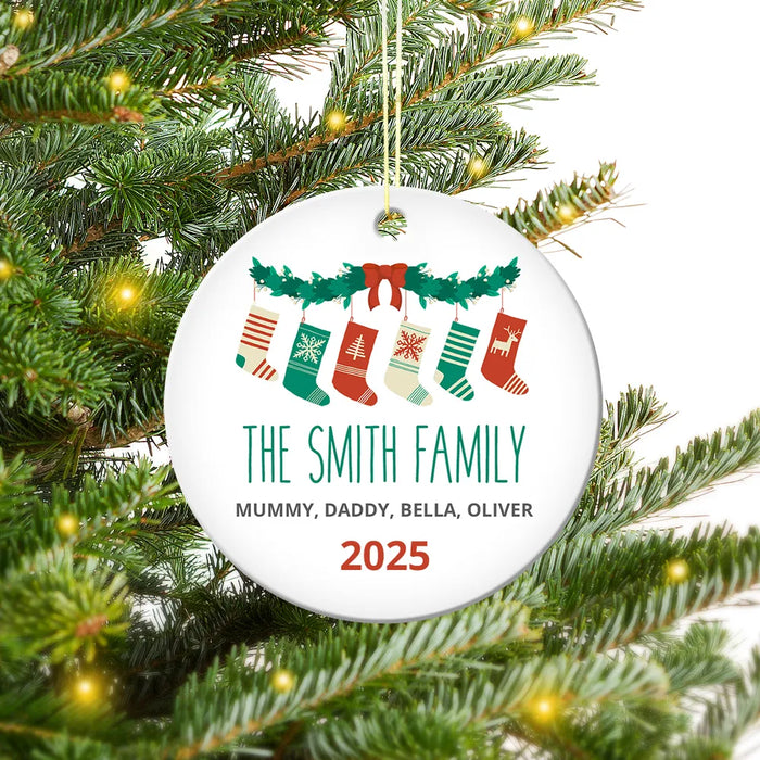 Family Stockings Round Porcelain Ornament