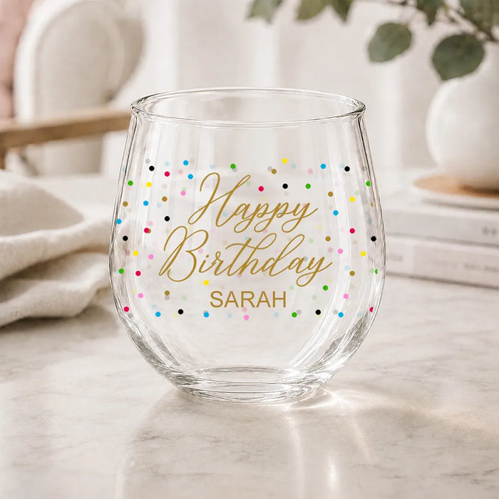 Happy Birthday Coloured Stemless Wine Glass