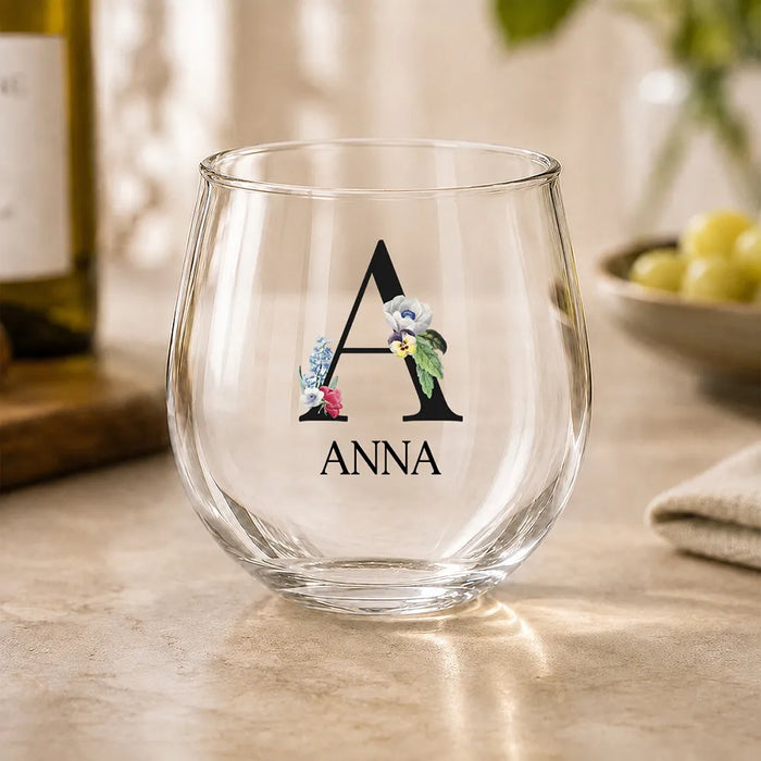 Letter with Flowers Coloured Stemless Wine Glass