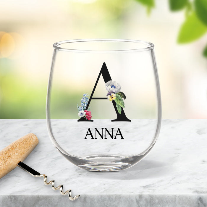 Letter with Flowers Coloured Stemless Wine Glass