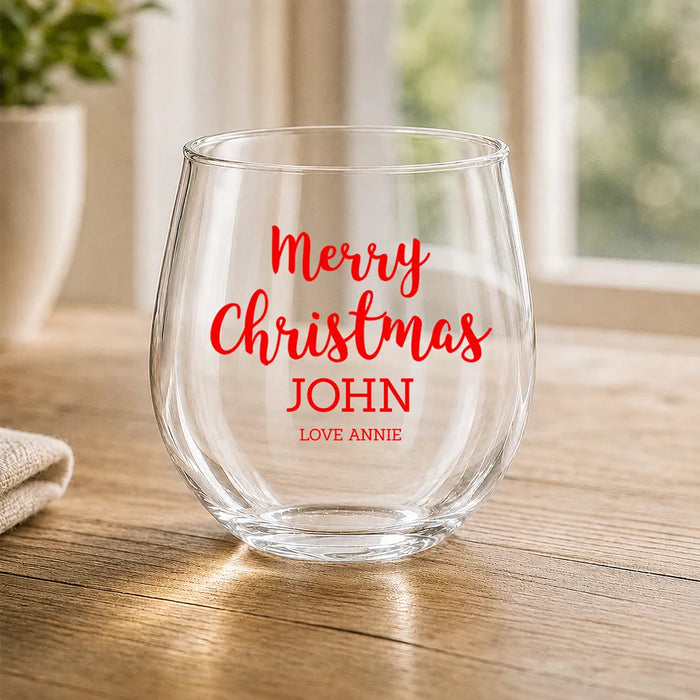 Merry Christmas Coloured Stemless Wine Glass