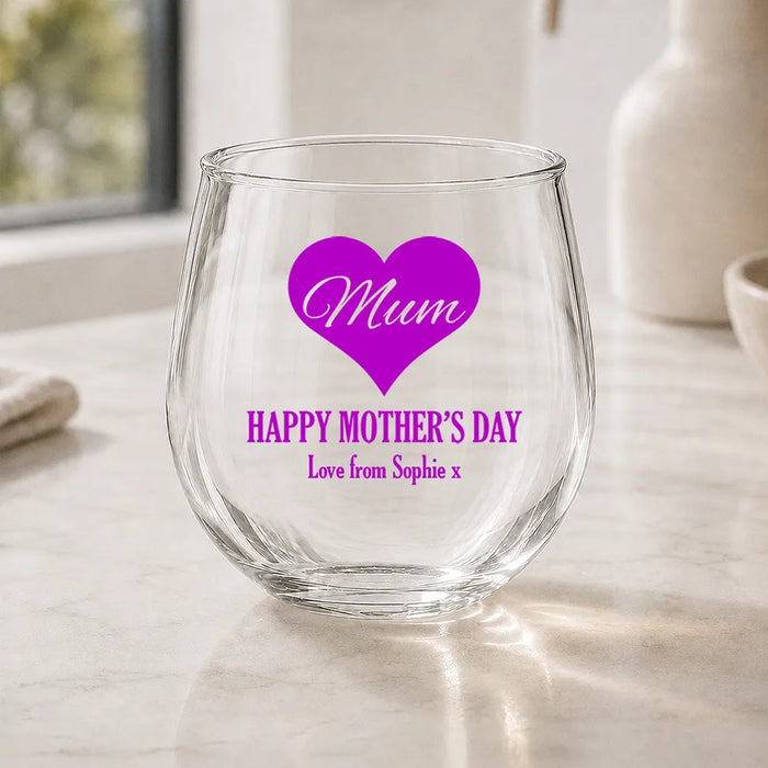 Mum in Heart Coloured Stemless Wine Glass