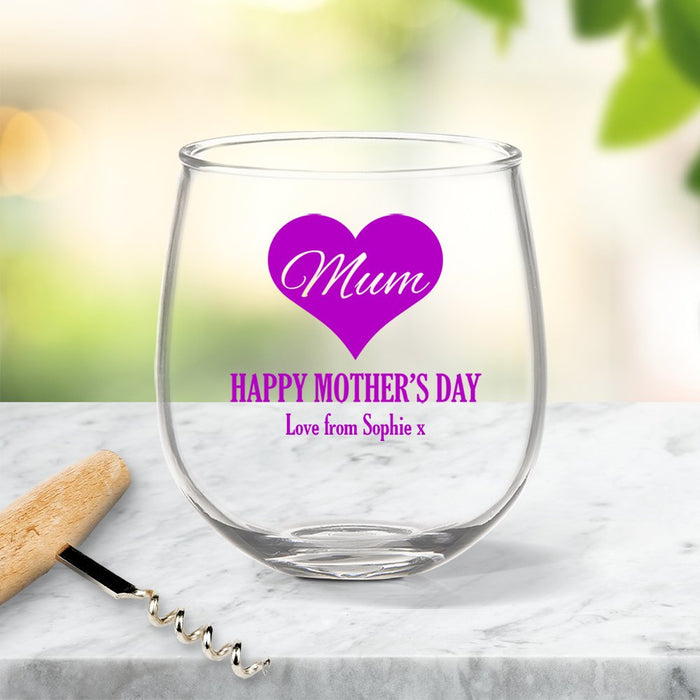 Mum in Heart Coloured Stemless Wine Glass