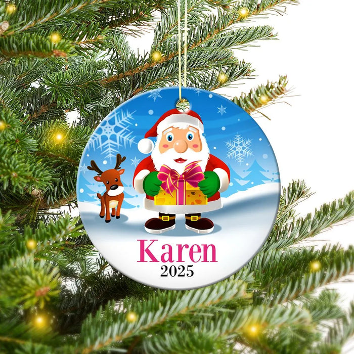 Santa Gift Round Porcelain Ornament