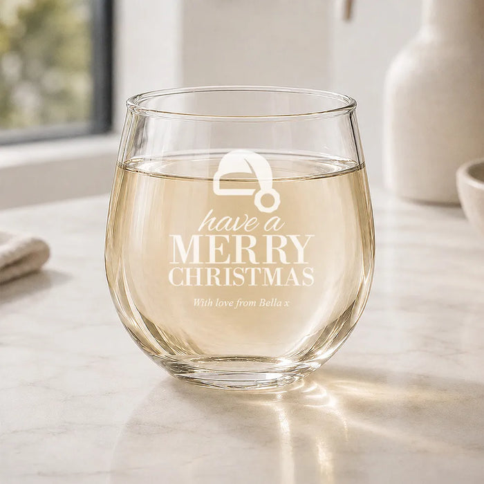 Santa Hat Engraved Stemless Wine Glass