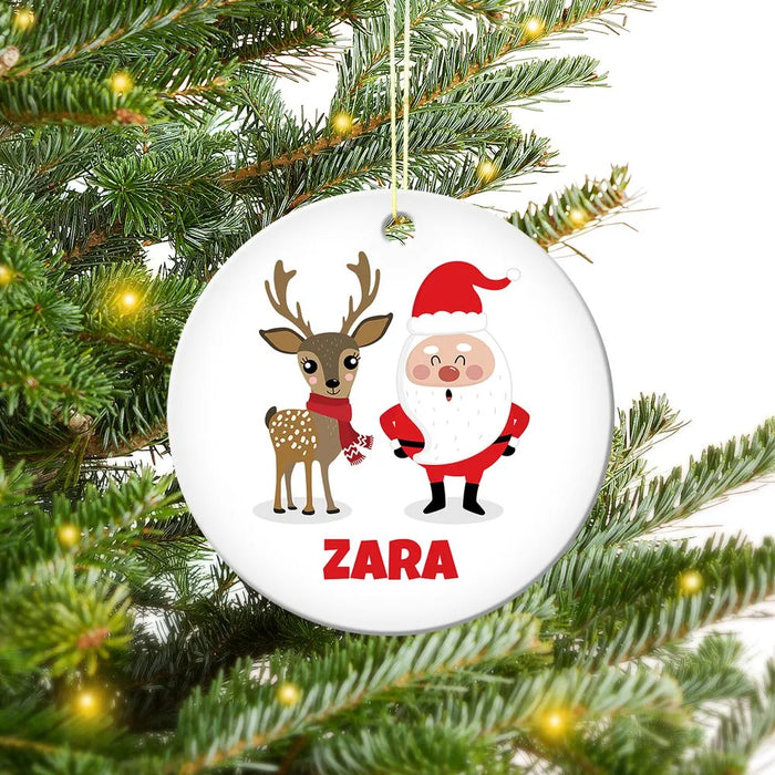Santa & Reindeer Round Porcelain Ornament