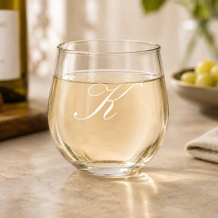 Single Initial Engraved Stemless Wine Glass