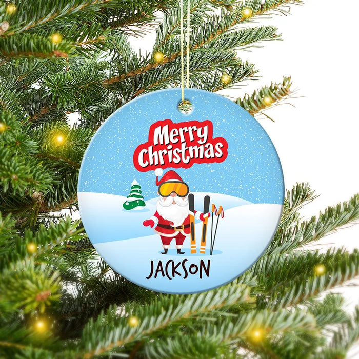 Skiing Round Porcelain Ornament