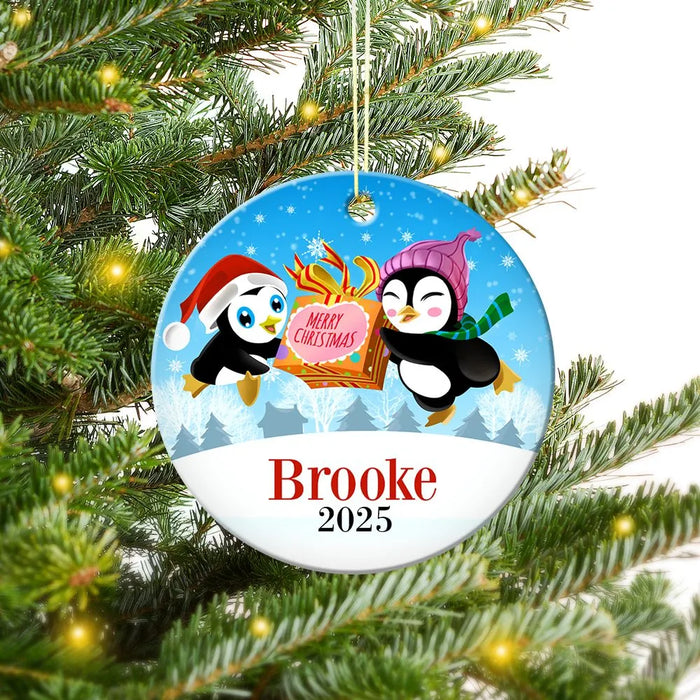 Two Penguins Round Porcelain Ornament