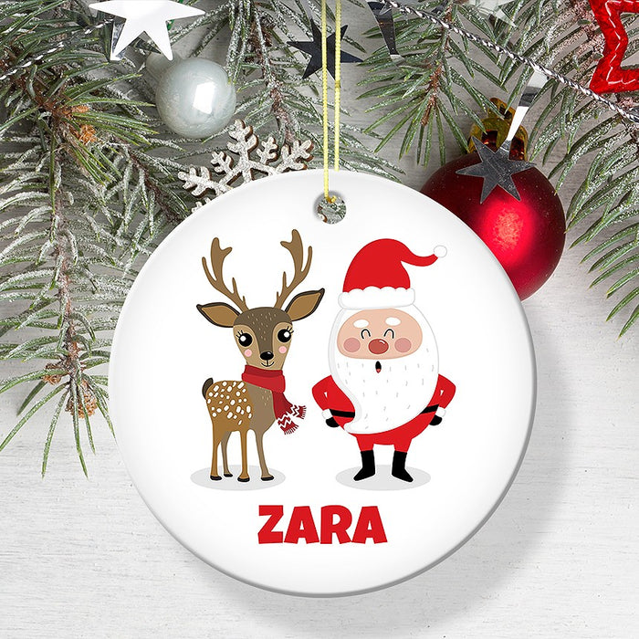 Santa & Reindeer Round Porcelain Ornament