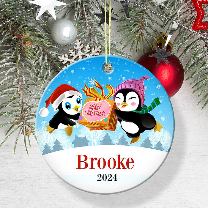 Two Penguins Round Porcelain Ornament